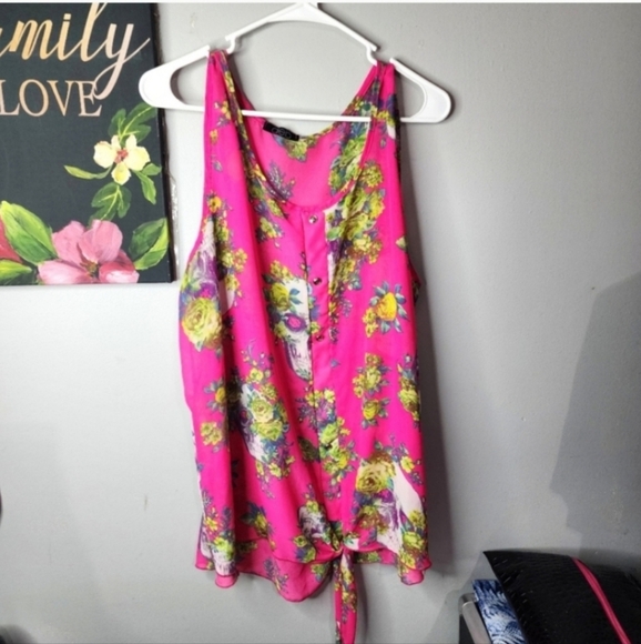 DEB 2X HOT PINK FLORAL SKULL TANK - Picture 1 of 4